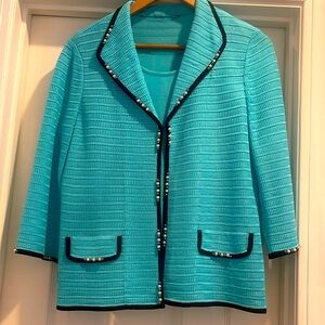 2PIECE WOVEN KNIT JACKET/SHELL COMBO AQUA WITH BEADING AND BLACK TRIM EC